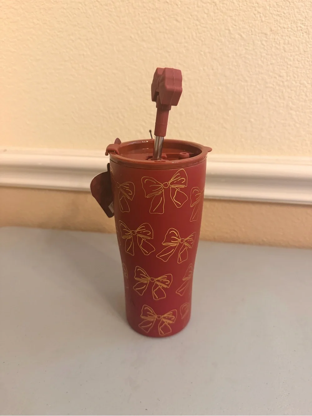 Red Bow-Print Travel Tumbler with Bow-Top Straw